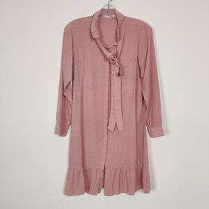 Engine Women's Tunic Size S Pink Cotton Buttoned Bow Tie Ruffled Hem Casual Chic